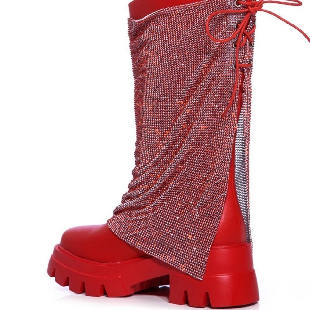 AZALEA WANG " BLOSSOM  FULL  EMBELLISHED " BOOT IN RED ( BRAND NEW !!!) - Picture 2 of 6